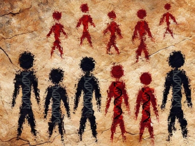 red and black human figures on the wall of a cave, with DNA helices inside each figure