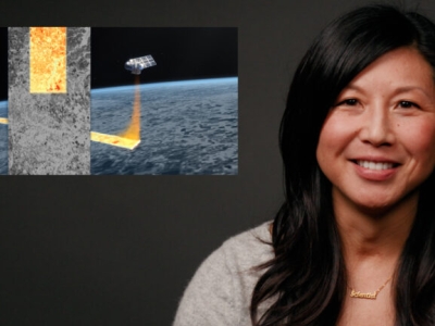 image of woman smiling next to a video overlay of slides 