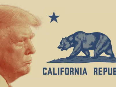 Graphic illustration showing photo of incoming President Donald Trump, in profile, glowering at the bear featured in the California state flag.