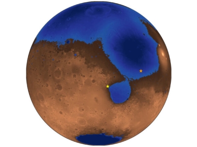 Mars depicted as a brown and blue orb