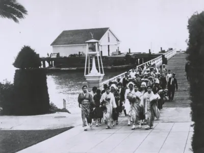 Immigrants entering Angel Island, which served as an immigration and detention center from 1910 to 1940. National Archives