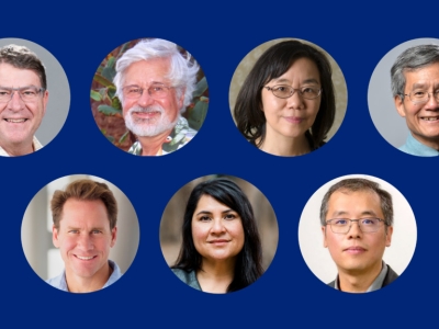 headshots of 7 people in circles against a dark blue background