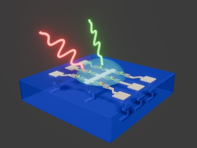 A recipe for energy efficiency: an optical sensor that also processes data. The transparent dome represents interactions between photons (red and green) and the nanoscale elements on the substrate. Carbon nanotubes with quantum dots (small spheres) are shown connected to CMOS circuitry below.