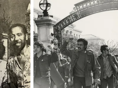 black and white image of students walking through Berkeley 