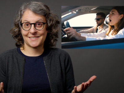 image of woman explaining something with lecture slides overlayed on screen next to her