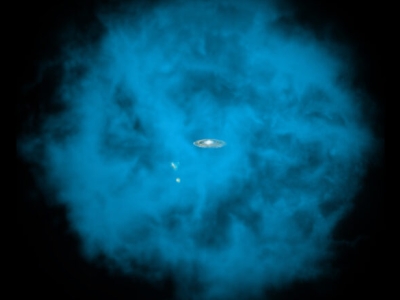 a fluffy blue sphere of gas with 3 small galaxies at the center, set against a black background