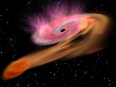an orange star is stretched out to loop around a dark oval at the center of a pink swirling mass