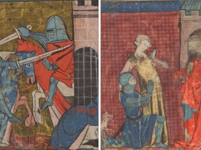 Two images side by side: on the left, two knights fight each other on horseback; on the right, the knight ask a woman for forgiveness after he killed her husband