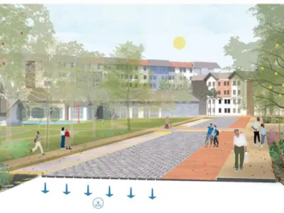 a brightly colored rendering of a paved walkway. Many people seem to be enjoying it, including a couple with a bike. There are trees of various opacities, and one has red dots that appear to be fruit. In the background, multicolored apartments can be seen as well as a basketball court and squat community building.