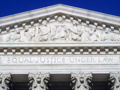 The pediment and frieze of the U.S. Supreme Court building, bearing the inscription: Equal Justice Under Law
