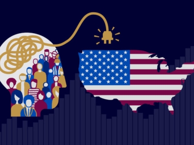 an illustration showing a crowd of people inside a head, with a cord and plug extending from the brain. The cord is unplugged from a US flag superimposed on a map of the nation.