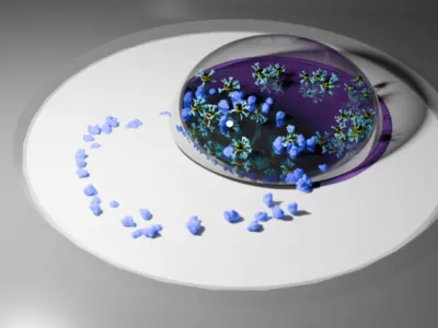 An illustration shows a ring of small purple particles, representing disease proteins, sitting on a surface. The ring is partially covered by a droplet of liquid containing enlarged cartoons of plasmonic particles.