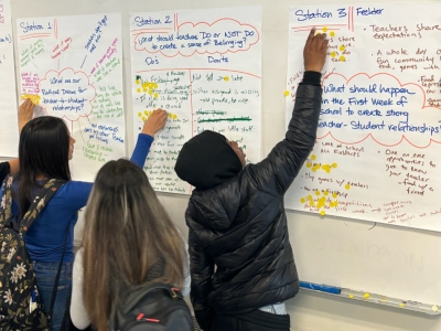 Students point toward poster paper on the wall during an exercise about the ways to better understand chronic absenteeism among students.