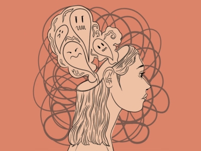 line drawing of a woman with eerie-looking ghosts coming out the back of her partially missing head
