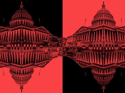 an eerie illustration, in stark red and black, of the US Capitol inverted and mirrored