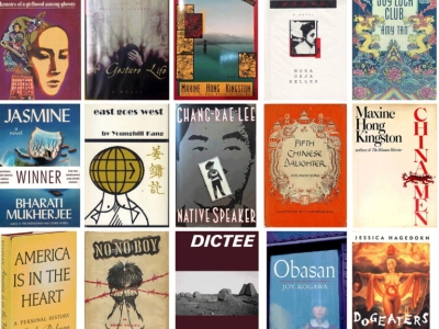 A collage of 15 book covers, including The Woman Warrior by Maxine Hong Kingston (on a burgundy background with a large face), A Gesture Life (black-and-white cover), Tripmaster Monkey by Maxine Hong Kingston (image of a bridge), Comfort Woman (a woman's face), Joy Luck Club by Amy Tan (dragons in a style associate with Asian scroll art), Jasmine by Bharati Mukherjee (on a blue background), east goes west (a globe on top of a cubist body, accompanies by Chinese characters), Native Speaker by Chang-Rae Lee (