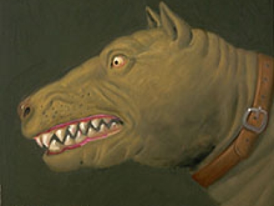 A painting of an aggressive-looking dog.