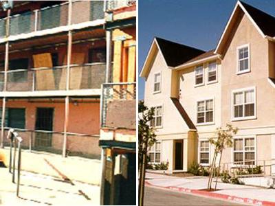 In 1998, the San Francisco Housing Authority (SFHA) began redeveloping the Hayes Valley site, shown above, as part of the national HOPE IV Program to revitalize public housing. On the left is the site before redevelopment. The photo on the right shows Hayes Valley after HOPE IV redevelopment. (Images courtesy of SFHA)