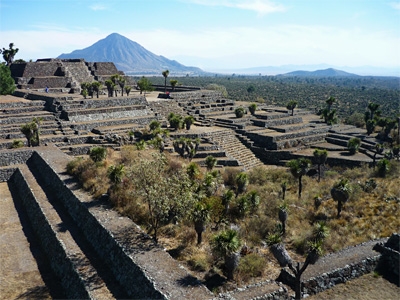 Ruins of the city of Cantona in the Mexican state of Puebla, with the mountain Pico de Orizaba in the background. The city was abandoned almost 1,000 years ago, probably as a result of a prolonged dry spell.