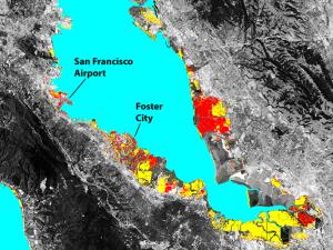 Map of the bay area, portions of the south bay below foster city are at risk of flooding by 2100 because of sea level rise alone, red areas across the bay from foster city because of sea level rise and local land subsidence