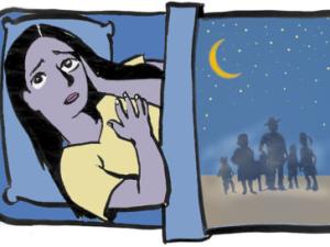 An illustration of a teenager sleepless in bed, next to an image of a family