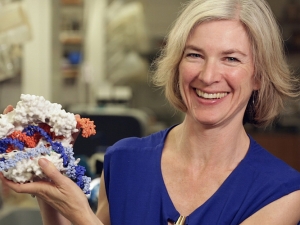 Jennifer Doudna holding CRISPR model