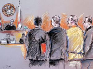A sketch featuring a defendant and court personnel standing before a judge