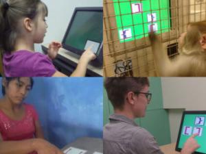 Young girl, monkey, Bolivian woman and American woman pointing to images on computer screens while being tested on recursion ability.