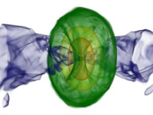 computer simulation of merger of two neutron stars with purple cones on either side of green concentric circles 