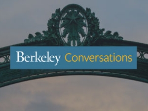 Berkeley Conversations logo over Sather Gate