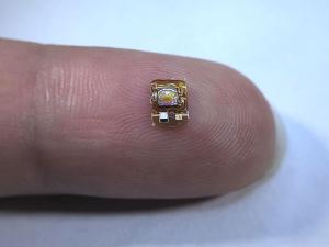 A photo of a very small circuit, measuring 3 centimeters by 4.5 centimeters, sitting on the pad of a finger 
