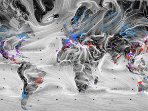 An image shows a Mercator projection of the planet, with white lines representing global prevailing wind patterns superimposed over the top.