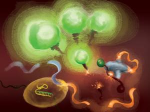 abstract illustration showing green orbs, DNA strands, blue and orange ribbons and a green circle