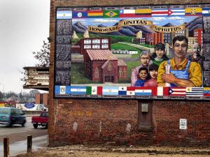 Latinx mural with all of the Latin American flags on it