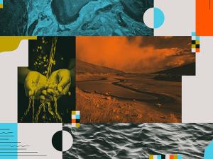 A colorful graphic shows photos of water hitting hands, a lake, and waves.