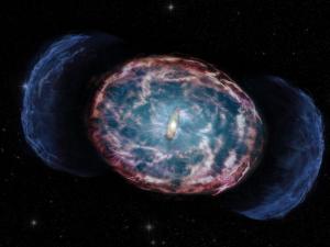 two blue jets fly out from reddish clouds around black hole
