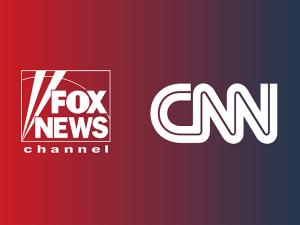 Logos of Fox News and CNN against a backdrop that transitions from red to blue