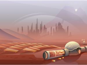 an artist's drawing of a future Martian colony, with red dust around solar arrays and a habitat