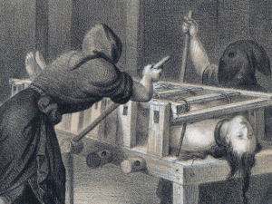 A detail from a 19th century lithograph depicting the torture of a woman during the Spanish Inquisition, while officials look on