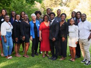 Chancellor Christ (center left) and President Morris (center right) with the Tuskegee Scholars at the Berkeley-Tuskegee Data Science Initiative Reception at University House on June 21, 2022. (Photo/ KLCfotos)