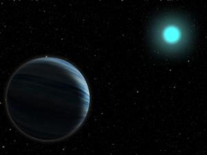 artistic rendition of distant light-blue star with a large blue planet in foreground