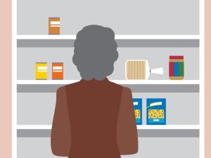 drawing of woman looking into a nearly empty pantry