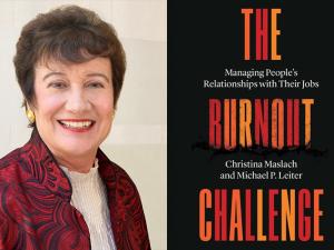 A portrait of a smiling woman with a red blazer next to a cover a book called The Burnout Challenge.