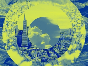 a graphic illustration in blue and yellow features seas, farms, cities and the sky in concentric circles