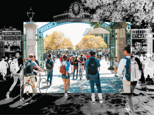 A photo illustration showing students entering the UC Berkeley campus at Sather Gate. The outer frame is in black and white negative; the central frame is in full color.