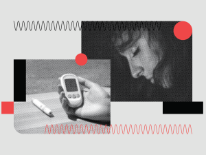 Two black and white images next to each other, with one showing a blood glucose monitor and another showing a person with their eyes closed, sleeping.