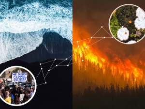 split image of wave on beach on left and forest fire on right