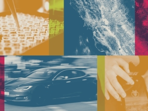 Image montage graphic of a Tesla car, Iphone, lab beakers and satellite photo of earth. Interlaced with a filter with colors red, blue and yellow.