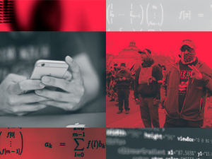 A photo illustration, with red and black images juxtaposed with black and white images, suggesting the connections between social media algorithms and right-wing radicalization