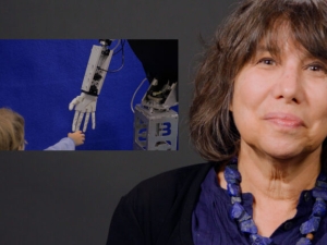 UC Berkeley psychology professor Alison Gopnik looks into the camera, next to a still picture of a robot hand reaching out towards a baby's hand.